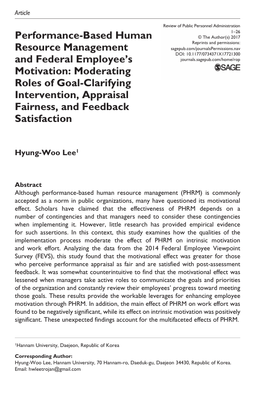 کاور کتاب Performance-Based Human Resource Management and Federal Employee’s Motivation: Moderating Roles of Goal-Clarifying Intervention, Appraisal Fairness, and Feedback Satisfaction
