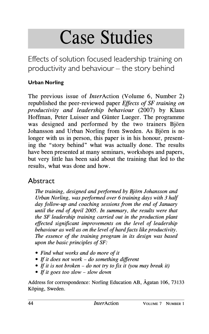 کاور کتاب Effects of solution focused leadership training on productivity and behaviour – the story behind