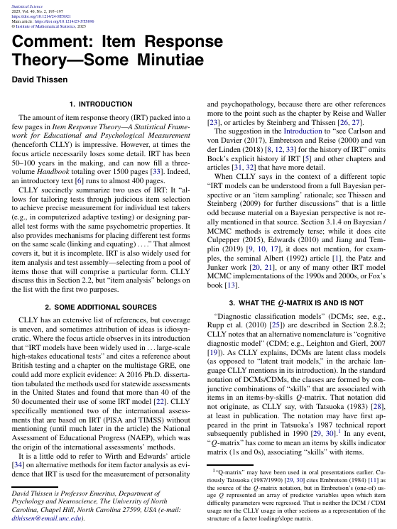 کاور کتاب Comment: Item Response Theory—Some Minutiae