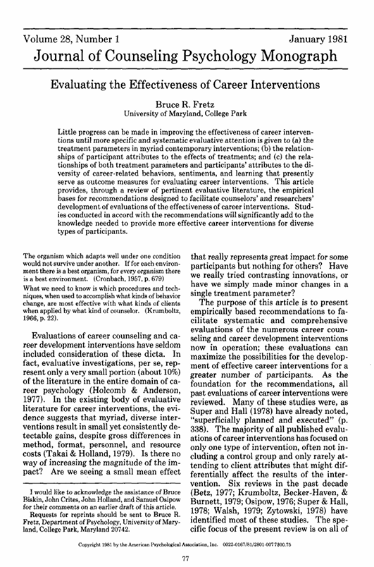 کاور کتاب Fretz, B. R. (1981). Evaluating the effectiveness of career interventions. Journal of Counseling Psychology, 28(1), 77.‏