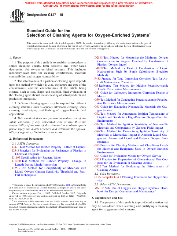 کاور کتاب Standard Guide for the Selection of Cleaning Agents for Oxygen-Enriched Systems